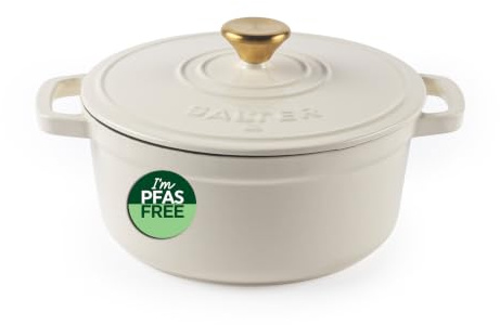 Salter Chester Cast Iron Casserole Dish 2L, Enamel Coated, Cream | PFAS-Free Enamel Surface, Oven Safe To 240°C, Induction Gas Electric Ceramic Hobs, Even Heat Retention, Easy Clean