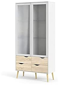 Dmora Vitrine mit zwei aufklappbaren Glastüren und vier Schubladen, Weiß und Eiche, Maße 98 x 200 x 39 cm