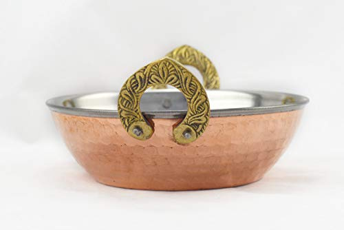 HostelNovo - Bol con asas para comida india - Bol Karahi - Amartillado en cobre de acero inoxidable - Asas con forma de herradura en miniatura - Vajilla india - 15 x 5,5 cm