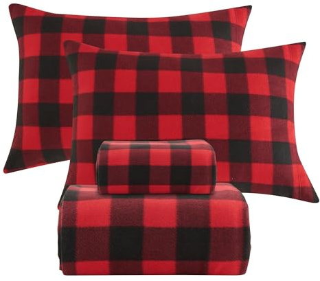 Softan Christmas Fleece Sheets Full Size, Flannel Like Soft, Velvet Polar Microfleece Sheets for Winter, Red Buffalo Plaid