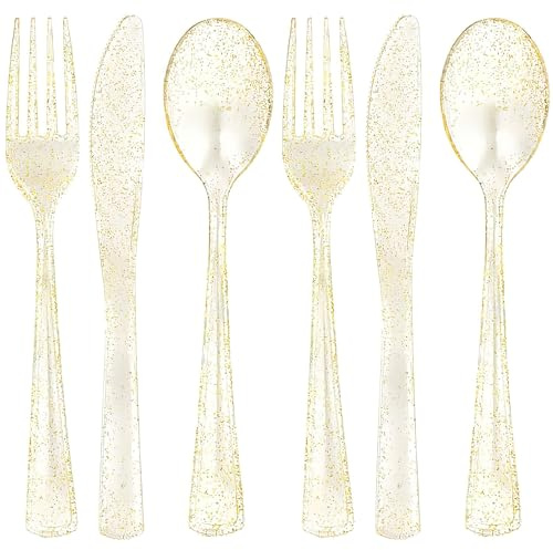 Reusable Plastic Cutlery Gold Glitter, Full Size Cutlery Combo, 12 Forks, 12 Knifes, 12 Spoons, Pack 48 Count