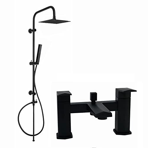 ENKI, Milly, BBT0175, Matte Black, Bath Shower Mixer Taps with Dual Rigid Riser Rail, Contemporary Geo Inspired Handle, Solid Brass, Easy Clean, Modern Design, Easy to Install, 10-Year Guarantee
