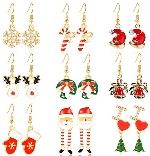 HOWAF 9 Pares Novedosos Pendientes Navidad para Mujeres Niñas Joyería Regalos Pendientes Colgantes de Navidad, Guantes de Reno Copo de Nieve Árbol de Navidad Campana Corona Bastón Sombrero Pendientes