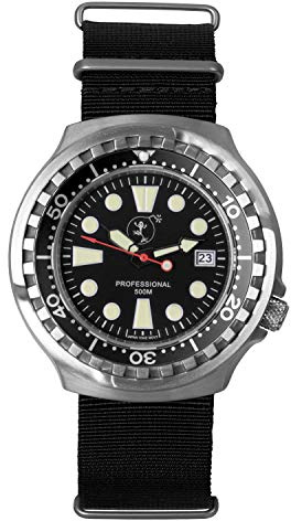 BOMBFROG PRO500 Edelstahl Superluminova Herren Taucheruhr mit NATO-Armband im eleganten Militärlook - gebürstetes Edelstahlgehäuse mit entspiegeltem Saphirglas, Taucheruhren Herren Quarzuhr