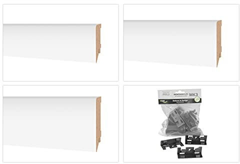 HEXIM Sockelleisten 70/85/100mm - MDF Fußleiste weiß für Fließen, Laminat, Vinyl & Teppich (16 x 70mm / 24 lfm - MS7016) - Laminatleiste Fussleiste Sockelprofil