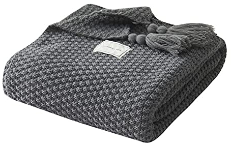 Zoomlie Wendbare Decke aus 100 % Acryl, große Strickdecke mit Fransen, Fransen, Schal, weich, warm, gemütlich, Bettdecke für Sofa, Doppelbett, Büro, Couch, Stühle (grau, 150 x 200 cm)