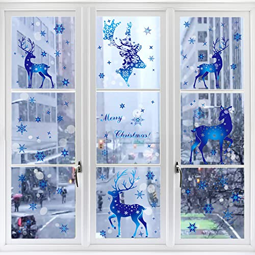 Weihnachtsdeko Fenster Doppelseitiges Muster,Fensterbilder Weihnachten Selbstklebend, Weihnachten Fenstersticker für Weihnachten Winter Dekoration (Blau Snow Hirsch)