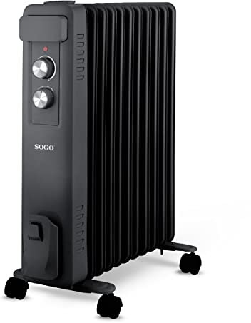 Sogo Radiador Eléctrico Bajo Consumo de Aceite con 11 Elementos - Calefactor Bajo Consumo Silencioso para Habitación - Radiador Eléctrico con Ruedas y Termostato Ajustable - Hasta 2500W de Potencia