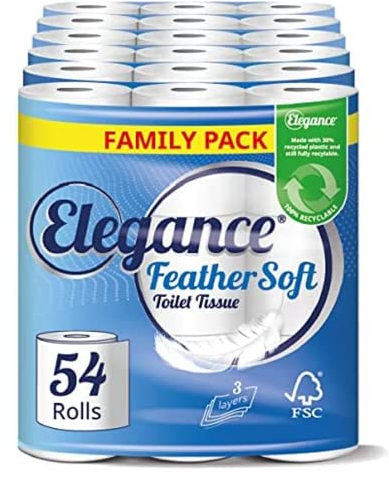 Elegance Feather Soft Toilet Roll - Bulk Buy Pack of 54 Rolls - Ultra Soft, 3-Ply, Recycled, Eco-Friendly, UK Manufactured
