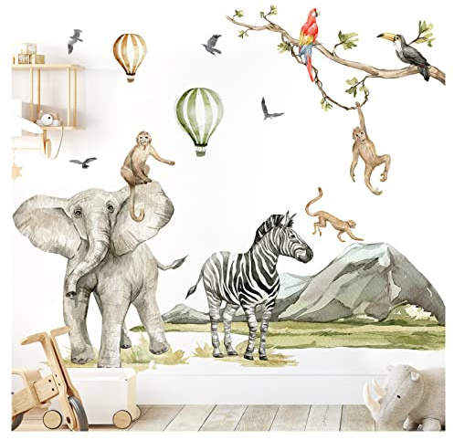 Grandora Wandtattoo Wandsticker Kinderzimmer Safaritiere Affen Wandaufkleber Wanddeko Zebra Sticker Babyzimmer Elefant Spielzimmer Wandbild Kinder Aufkleber DL766-4