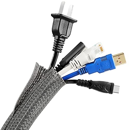 Manchon de Câble Gaine 3 Mètre Souple Ajustable AGPTEK, 13-23mm Gestion de Câble Rangement Tressée Fendue en Pet, Protection du Cache Câbles Bureau pour Fil Télé/PC/USB/Audio/Vidéo, 3 Mètre, Gris
