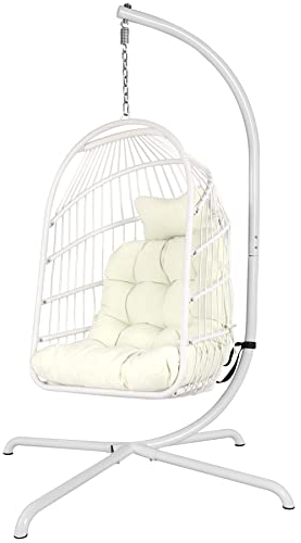 Hängesessel mit ultrastarkem Ständer und Kissen Faltbarer Korbgeflecht Rattan Hängesessel Schaukelstuhl Indoor Outdoor Terrasse Liegestuhl Hängematte Stuhl 330 lbs Kapazität Balkon Veranda Weiß