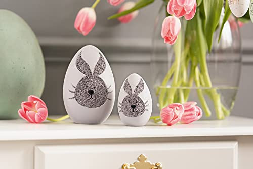 2 Dekoeier Hase weiß, 10 + 15 cm hoch, Osterdeko für Drinnen & Draussen, Ostereier mit Hasenmotiv, Tischdekoration, Outdoor Frühlingsdeko, Gartendeko Figurenset
