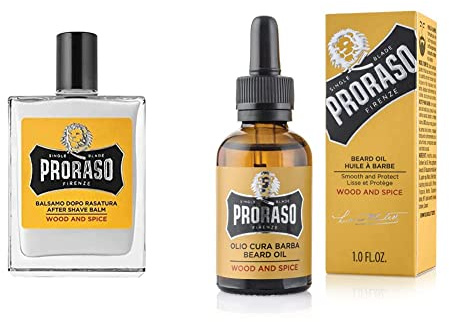 Proraso Wood and Spice After Shave Balsam, 100 ml & Beard Oil, Wood & Spice, Bartöl mit Zedernholz & Zitrus-Duft, Bart Weichmacher pflegt Haut & Haar und schützt das Barthaar, Made in Italy, 30 ml