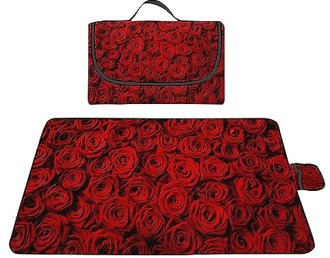 Picknickdecke 200x200cm,XXL Picknickdecke mit Wasserdichter Unterseite,Outdoor Stranddecke Sandfrei,mit Tragegriff Faltbare Picnic Blanket für Camping,Strand,Park,Familie,Konzerte Rote Rosen Blumen