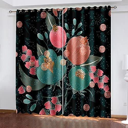 Vorhang Blickdicht Gardinen Mit Ösen - 2 Stücke 140 (B) X 160 (H) cm Verdunklungsvorhänge 3D Rote Pflanzenblumen Muster Thermovorhang Für Kinderzimmer Schlafzimmer Weihnachtsgardinen