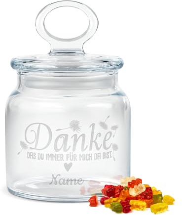 Print Royal PR Personalisierte Keksdose aus Glas mit Gravur - 550 ml - Danke, dass du da bist mit Name selbst gestalten als Geschenk zum Geburtstag für Kollegen oder Freunde
