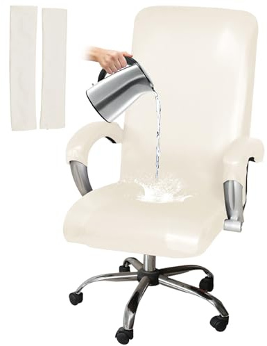 HOMECOVER Stretch Bürostuhl Bezug Wasserdicht-Weiß-Groß | Universal PU Leder Schwenkbare Abnehmbar Computerstuhl Bezug Mit Armlehnenbezüge