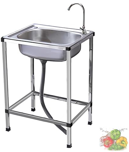Edelstahl-Waschbecken Küchenspüle,Freistehendes Gewerbliches Waschbecken mit Warm- und Kaltwasserhahn, Einzelbeckenspüle für Innen- und Außenbereich, Garten, Waschküche, Restaurant (19x14x30 Zoll)