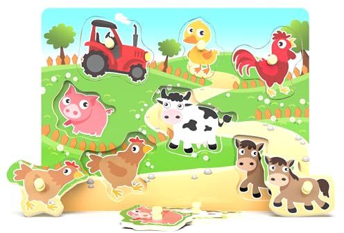 Wooden Puzzles Farm Chunky Baby Puzzles Peg Board, Full-Color Pictures for Preschool Educational Jigsaw Puzzles, 7Pieces
