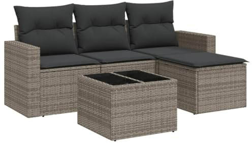 vidaXL Garten Sofa Garnitur 5-TLG., Gartenmöbel Set mit Kissen Stauraum, Sitzgruppe für Garten Terrasse, Modular Gartensofa Hocker Lounge, Tisch mit Glasplatte, Grau Poly Rattan