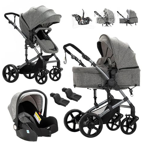 Reenborn Passeggino Trio, Passeggino 3 in 1 con Due Modi Reversibili Spingere, Trio Neonati con Telaio Alluminio Paesaggistico Alto, Design Pieghevole in Un Clic (588 Grey)