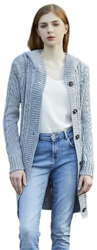 FM2018XSL Cardigan da Donna con Cappuccio Lungo a Maniche Lunghe a Maglia Grossa (Grigio, Taglia Unica)