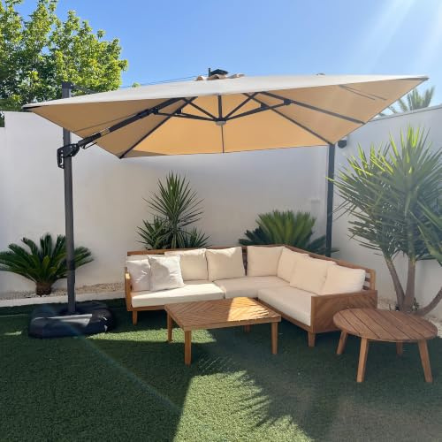 PURPLE LEAF Sombrilla de Terraza Exterior con Luz LED 3 x 3 m con Base, Sombrilla de Jardín Grande con Tejido Protector UV 50+, Inclinación Bidireccional, Rotación de 360° y 5 Ajustes de Altura, Beige