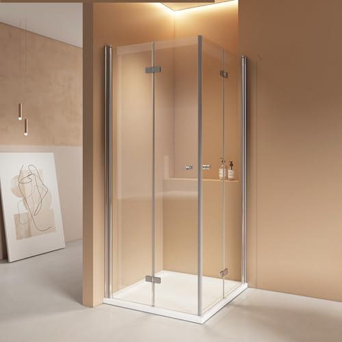 EMKE Duschkabine 90x100 cm Eckeinstieg Duschabtrennung Falttüren mit Pendeltüren 6 mm NANO-Glas Duschkabinen Scharniertür Duschtür Faltbar Dusche Duschwand 185 cm Höhe