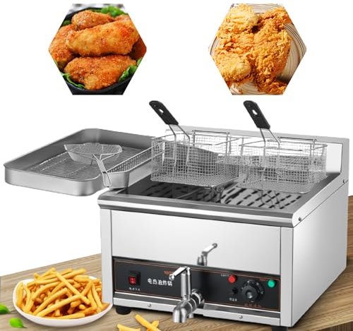 LFfwynog High capacity Commercial Deep Fryer, Stainless Steel Commercial Deep Fryer with Independent Cylinder oil drain valve for Restaurant and Home Use,15L