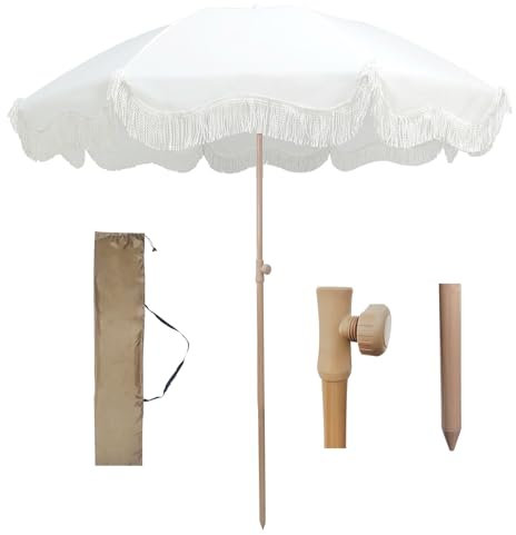 Sljovexity Fransenschirm Weiß Ohne Ständer, Sonnenschirm Terrasse Boho Neigbar, Tragbar Strandschirm Mit Fransen, Tischschirm Windfest Stabil Gartenschirm Sonnenschutz UPF 50+ Höhenverstellbar