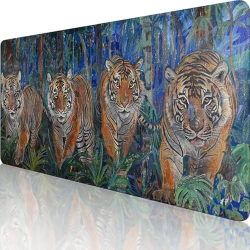 Blau Mauspad XXL 800 x 300, Erweiterte Groß Mousepad Tiger, Wasserfest Schreibtischunterlage Vernähte Kanten Design, Mouse Pad mit rutschfeste Gummibasis für Pc Büro Deko, Geschenke für Frauen f-K