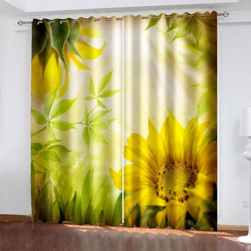 Blickdichte Vorhänge mit Ösen Drucke 3D Verdunkelungsvorhang 2er Set 150 x 166 cm Sonnenblume Blume Thermovorhang Kälteschutz Gardine Polyester für Schlafzimmer Kinderzimmer Wohnzimmer Dekoration