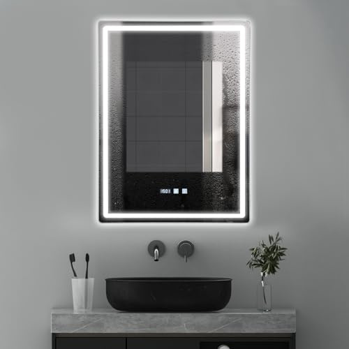 Donened - LED Badspiegel mit Beleuchtung, 50x70cm Wandspiegel Badezimmerspiegel, Beschlagfrei, DREI Lichtfarben, Energiesparend Lichtspiegel, Vertikale Installation, Silber