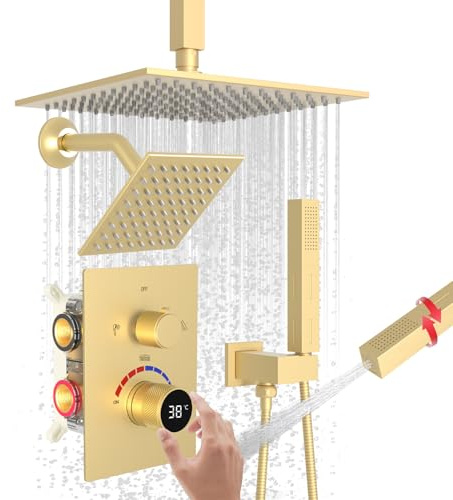 Mixer Shower System with Digital Display Thermostatic Valve Brushed Gold