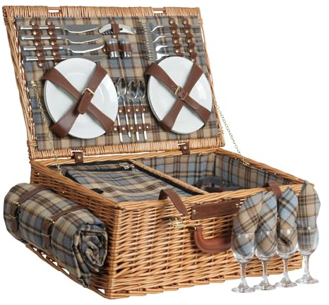 CampFeuer Cesta de Mimbre para Picnic con Vajilla y Compartimento Refrigerador | 4 Personas | 29 Piezas | Set de Picnic con Platos de Cerámica, Cubiertos, Copas y Cuchillo de Camarero