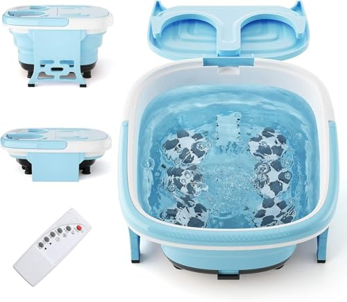 GOPLUS Pediluvio Plegable con Masaje Eléctrico, Burbujas y Luz Roja, Temporizador de Temperatura y Tiempo (10-60Min), Pediluvio Masajeador con Rodillos de Masaje Eléctrico y Mando a Distancia (Azul)