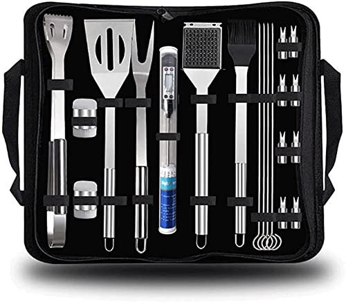 Grillzubehör-Set – 20-teiliges Grillwerkzeug-Set aus Edelstahl, Grillutensilien-Set mit Fleischthermometer für Camping, Grillen im Garten, Picknick, Lagerfeuer