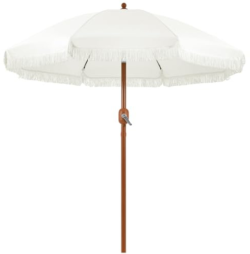 Abician Parasol de Jardin à Franges Ø236 x 228cm, Parasol d'extérieur Inclinable, Protection UV, Imperméable, avec 8 Baleines,Manivelle, Housse de protection Crème