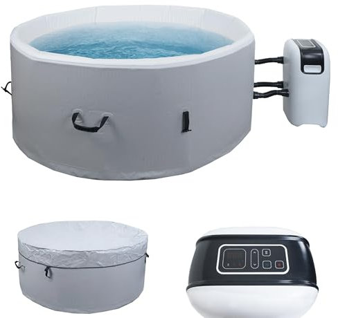 Mendler Whirlpool HWC-N97, 4 Personen, In-/Outdoor heizbar aufblasbar Pumpe Dropstitch-Gewebe, rund Ø150cm grau-weiß