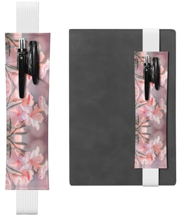 White Leather Pen Holder Bookmark WZYWHJ Oleander Printed - Premium PVC Leather Elastic Band Design for Notebooks, Journals, and Planners