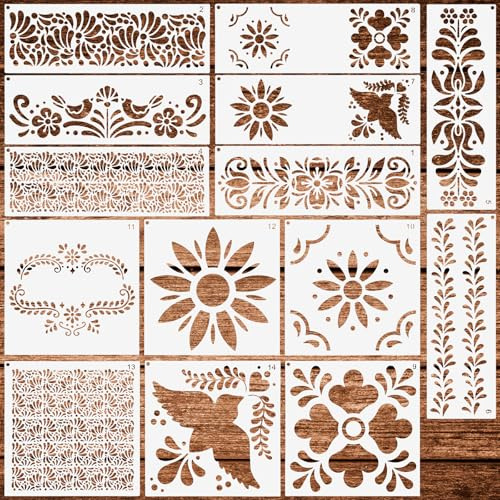 Set di 14 stencil riutilizzabili per torte, stencil in plastica, stencil per fiori, stencil per legno, pareti, tela, mobili