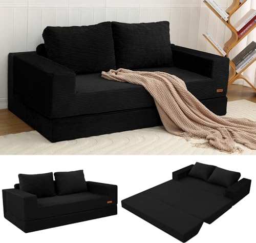 MeMoreCool Sofá cama convertible, sofá plegable de pana, color negro
