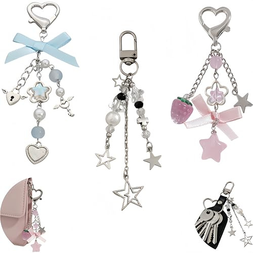 SHAOWENCB Y2K Porte-clés Cœur Étoile - Lot de 3 Keychain(Bleu, Rose, Noir) Porte Clé Personnalisé,Le Pour Noël, Le Nouvel An, La Saint-Valentin ou La Rentrée Scolaire.