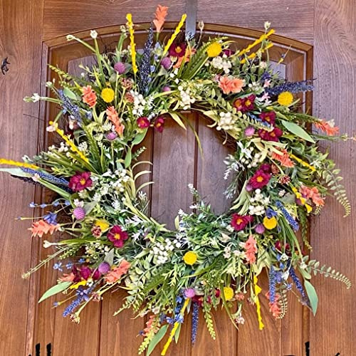 Spring Wreath for Front Door, Artificial Wildflower Garland, Colorful Garland Door Wreath for Spring/Summer Easter Decoration, for Farmhouse, Parties, Wedding, Home, Window, Wall, Fireplace (40CM)