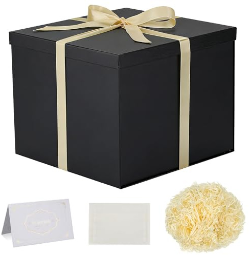 Forbabe Geschenkbox mit Deckel 30 x 30 x 25 cm, Geschenkbox Schwarz Groß | Groß Geschenkbox mit Schleifen Grußkarten Raffia Hamper Shreds Geschenke Box Groß für Weihnachten Geburtstag Hochzeitstag