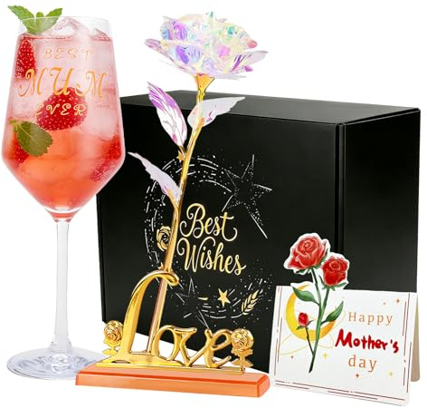 SYDE Gifts for Mum - Best Mum Ever 420ml Wine Glass Set with Iridescent Galaxy Rose, Golden Love Stand & Greeting Card - Unique Birthday Presents for Women, Personalised Style Gifts, Wife, Nan