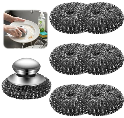 Stainless Steel Scourer with Handle, 7 Pack Metal Scourer, 10 x 10cmDurable Wire Wool, Comfortable Grip, Protect Your Hand