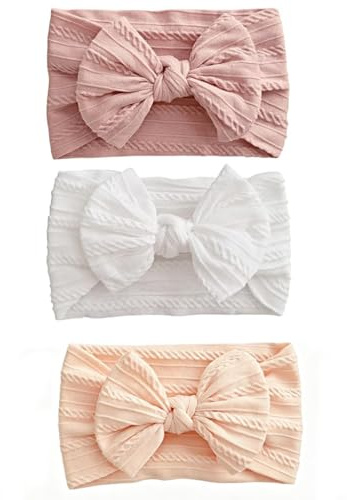 3 stycken pannband baby flicka elastiskt, mjukt nylon babyhårband med rosett, nyfödda huvudbonad hårtillbehör för dop fotografering födelsedag, en storlek passar alla för småbarn