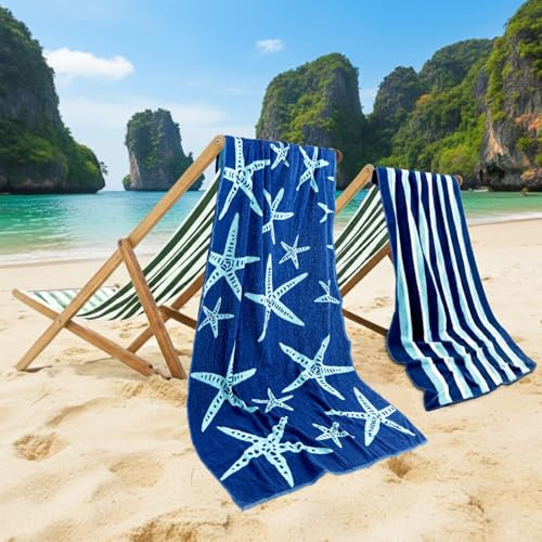 CASA COPENHAGEN Miami Teli da Spiaggia, Set Regalo da 2 Pezzi – Stelle Marine Blu Notte e Acquamarina, Teli Piscina Extra-Large 75x150 cm, 100% Cotone (Set Regalo Estivo Perfetto per Donne e Uomini)